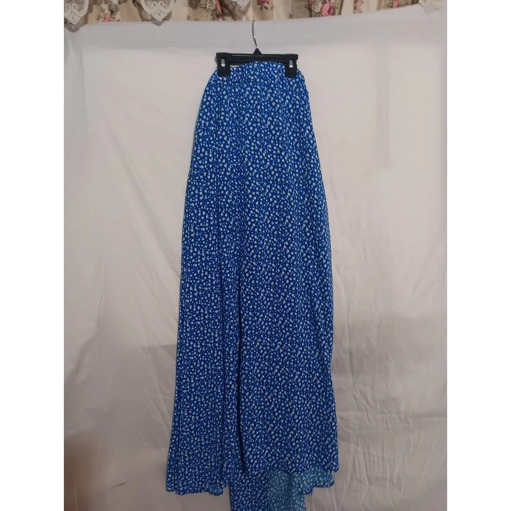 Emery Rose Blue Floral Ditsy Print Maxi Skirt High Slit Boho Women 1XL